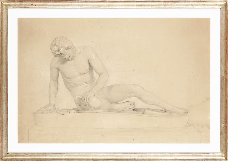 Ludovico Pogliaghi : Copia della celebre scultura romana Galata Morente dei Musei del Campidoglio  - matita su carta - Asta Dipinti del XIX-XX Secolo - Cambi Casa d'Aste