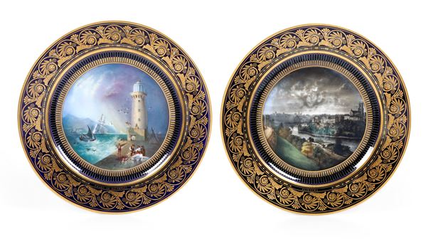 Coppia di piatti dalla serie “Vues pittoresques de l’Europe” Probabilmente Francia, nello stile di Sèvres, seconda metà del XIX secolo