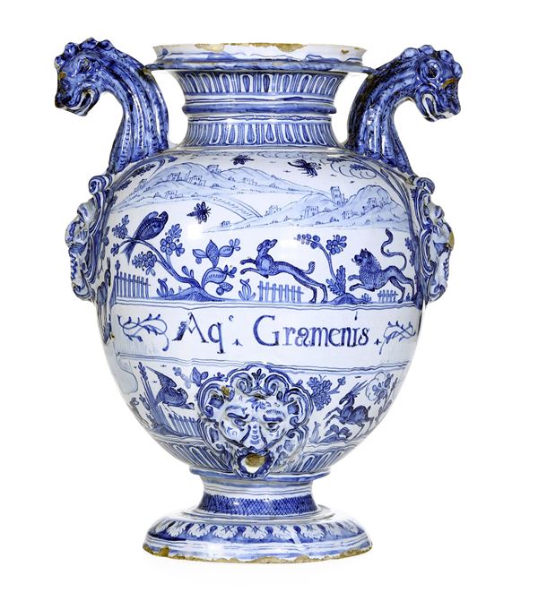 Eccezionale stagnone di farmacia Albisola, fabbrica Pescio, sesto decennio circa del XVII secolo 