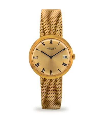 Calatrava ref. 3565 in oro giallo 18k, bracciale maglia 'Milanese', quadrante champagne soleil co...