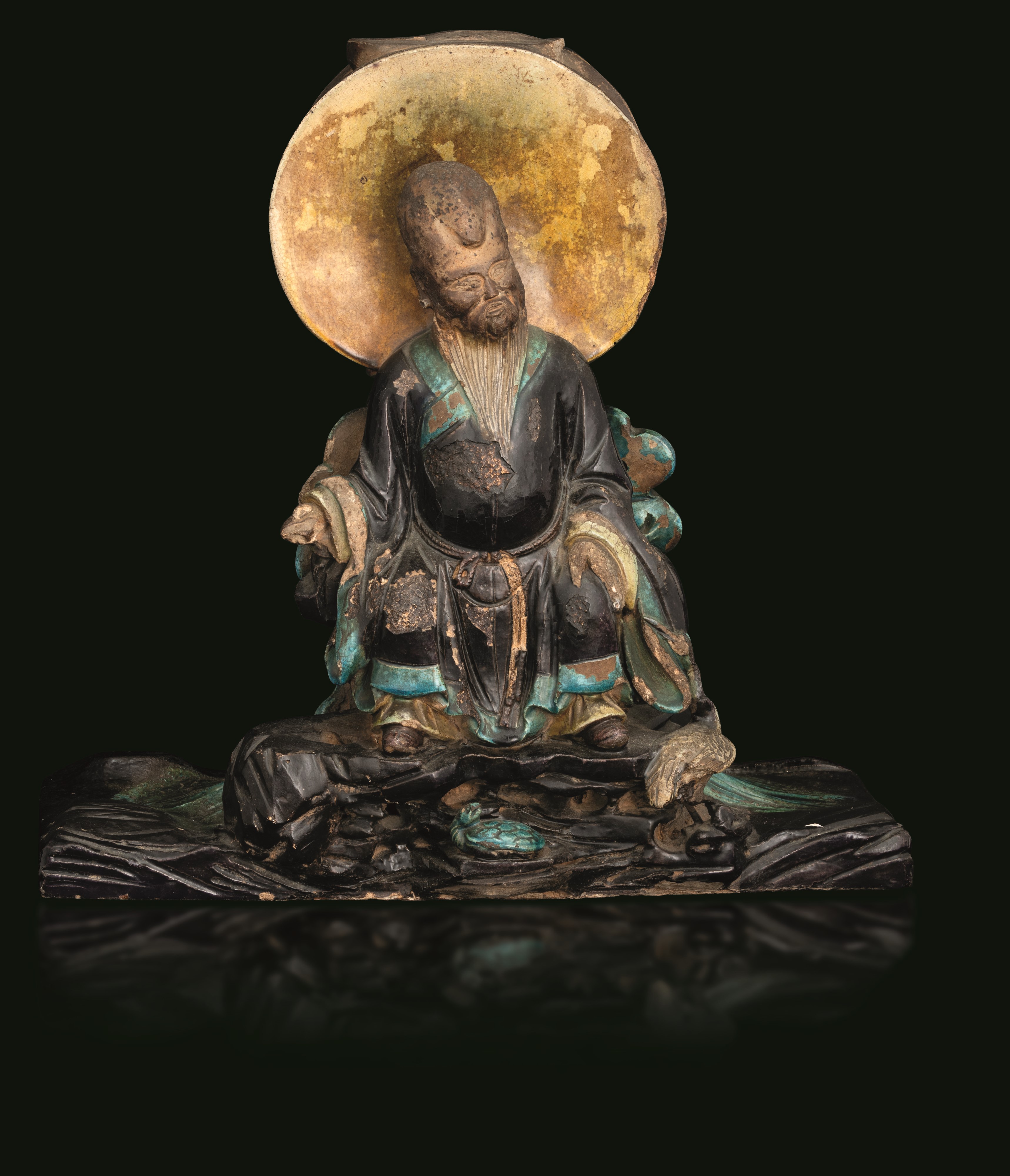 Cina, Portacandele bifacciale in grès con due immortali (dinastia Ming, XVII secolo)