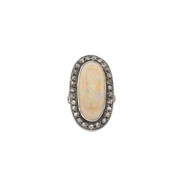 Opal, rose-cut diamond, gold and silver ring