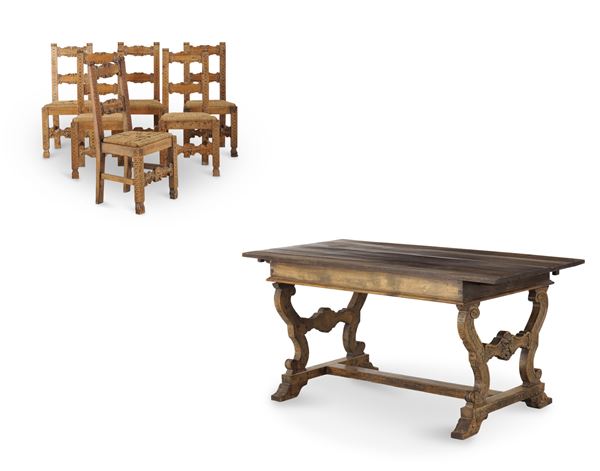 Tavolo e sei sedie in legno intagliato. XIX-XX secolo