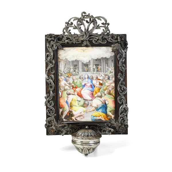 Genova, inizi del XVII secolo Acquasantiera con dipinto su pergamena della Pentecoste