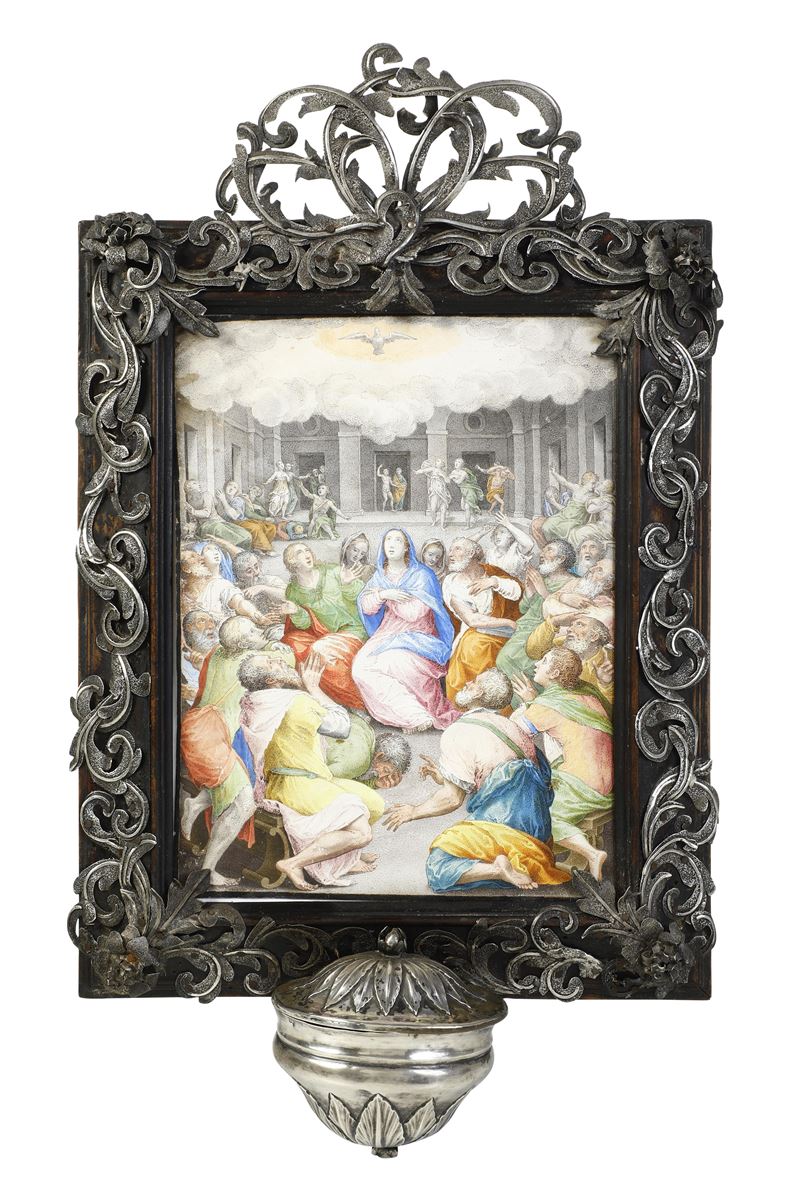 Genova, inizi del XVII secolo Acquasantiera con dipinto su pergamena della Pentecoste  - Asta Fine Art Selection - Cambi Casa d'Aste
