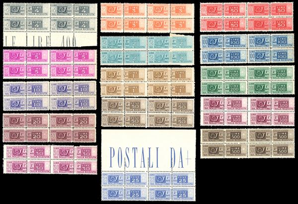 1946/51 - Filigrana ruota, serie completa (66/80), blocchi di quattro, nuovi, gomma originale integra, perfetti. 