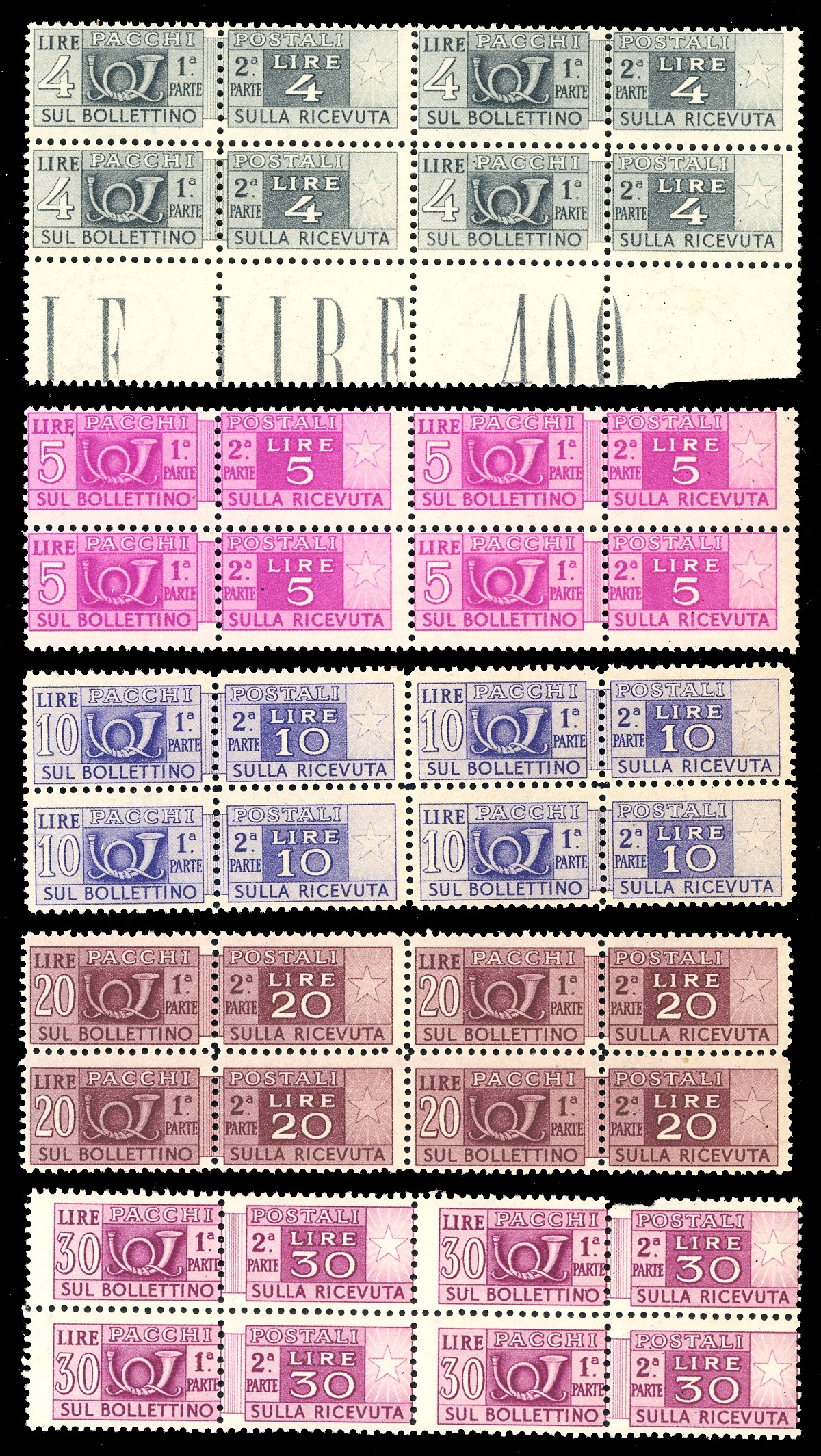 1946/51 - Filigrana ruota, serie completa (66/80), blocchi di quattro, gomma originale integra, f...