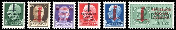 1944 - Soprastampati, tiratura di Genova, serie completa con espresso (491/495,E21), nuovi, gomma originale integra, perfetti.