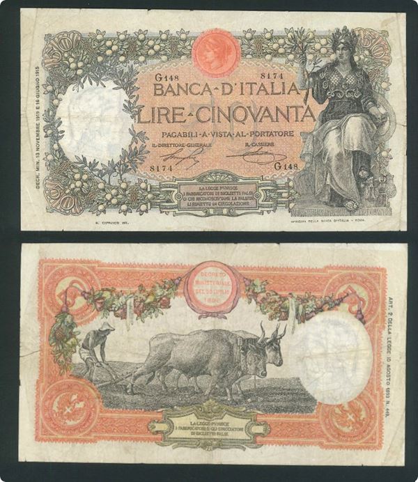 REGNO D’ITALIA. VITTORIO EMANUELE III DI SAVOIA, 1900-1946. 50 Lire tipo “Capranesi-Buoi” del 13/11/1 [..]