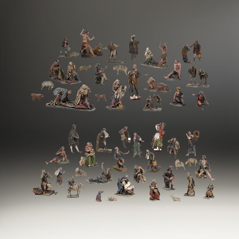 Importante e raro compendio di figure del presepe siciliano. Probabilmente Trapani XVIII-XIX secolo  - Asta Scultura e Oggetti d'Arte - Cambi Casa d'Aste