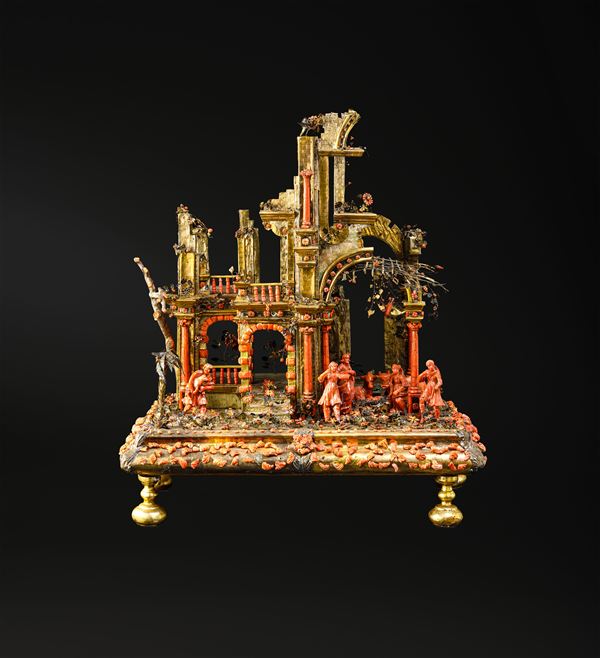 Arte trapanese del XVIII secolo Etichetta cartacea "Collezione Bulgari, Roma" Raro ed importante presepe
