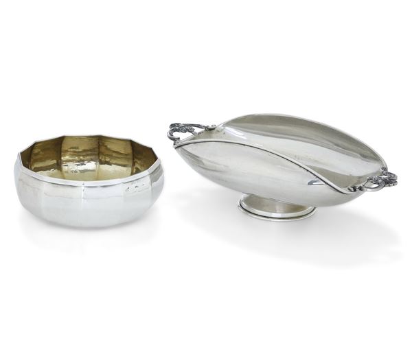 Lotto di vassoio portafrutta e ciotola. Differenti argenterie italiane del XX secolo 