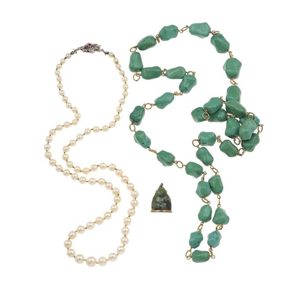 Group of gold, cultured pearl and turquoise jewels