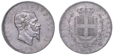 Regno D'italia. Vittorio Emanuele II di Savoia, 1861-1878. 5 Lire 1865. Torino.