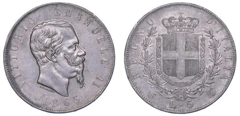 REGNO D'ITALIA. VITTORIO EMANUELE II DI SAVOIA, 1861-1878. 5 Lire 1865. Torino.  - Auction Numismatics - I - Cambi Casa d'Aste