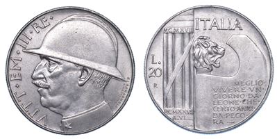 Regno D'italia. Vittorio Emanuele III di Savoia, 1900-1946. 20 Lire 1928/a. Vi. Elmetto.