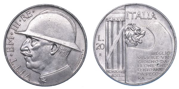 REGNO D'ITALIA. VITTORIO EMANUELE III DI SAVOIA, 1900-1946. 20 Lire 1928/A. VI. Elmetto.