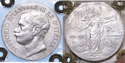 Regno D'italia. Vittorio Emanuele III di Savoia, 1900-1946. 5 Lire 1911. Cinquantenario.
