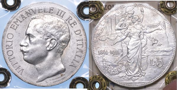 REGNO D'ITALIA. VITTORIO EMANUELE III DI SAVOIA, 1900-1946. 5 Lire 1911. Cinquantenario.