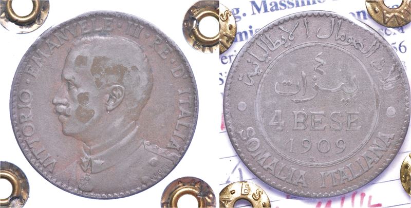 REGNO D'ITALIA. SOMALIA ITALIANA. VITTORIO EMANUELE III DI SAVOIA, 1909-1925. 4 Bese 1909.  - Auction Numismatics - I - Cambi Casa d'Aste