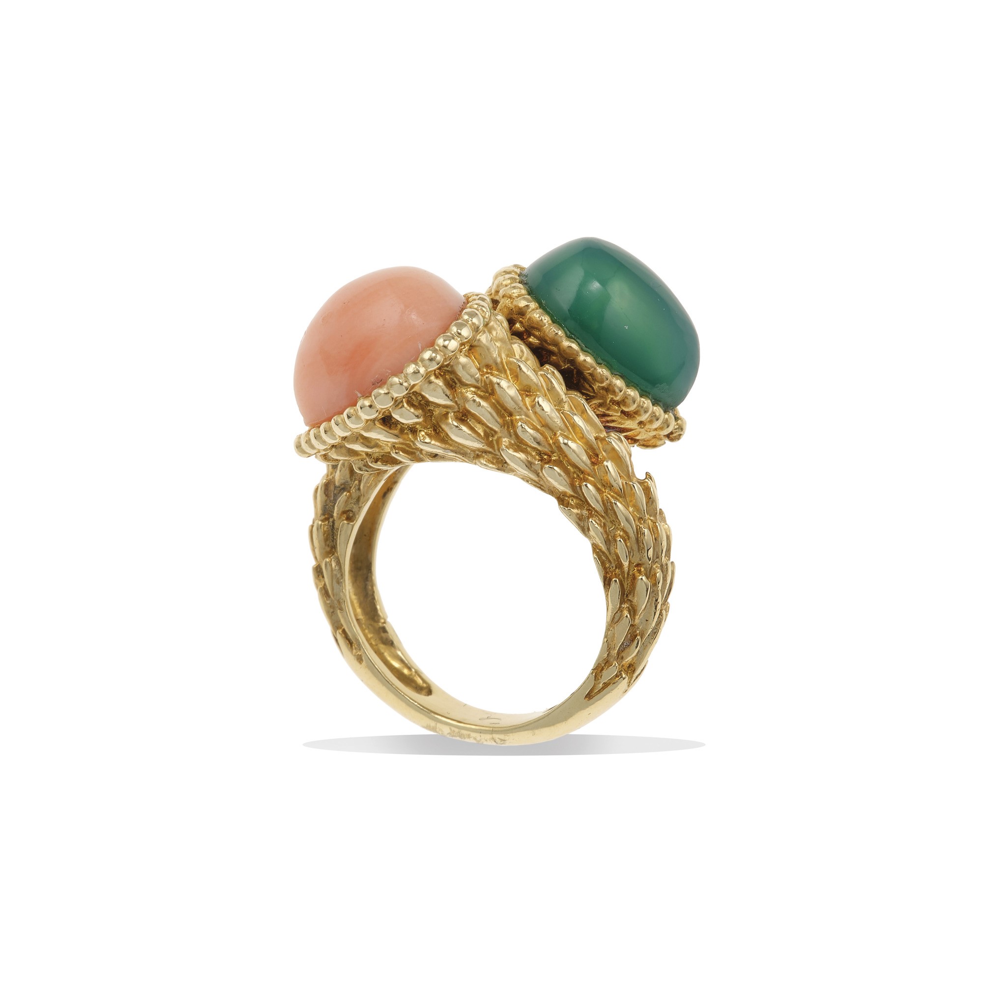 Anello Contrarié con Corallo Rosa e Agata Verde