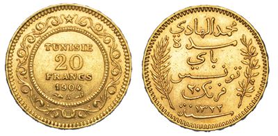 Tunisia. Muhammad Al-hadi Bey, 1902-1906. 20 Francs 1904.