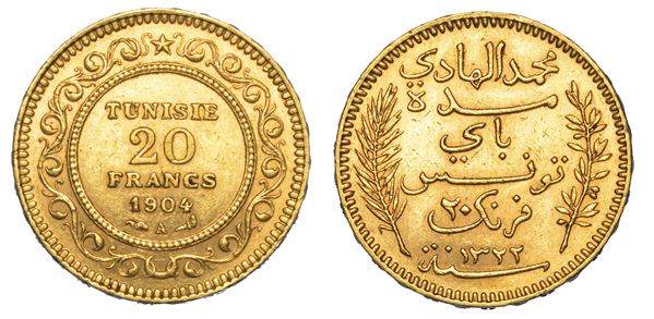 TUNISIA. MUHAMMAD AL-HADI BEY, 1902-1906. 20 Francs 1904.