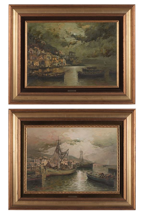 Coppia di vedute marine notturne