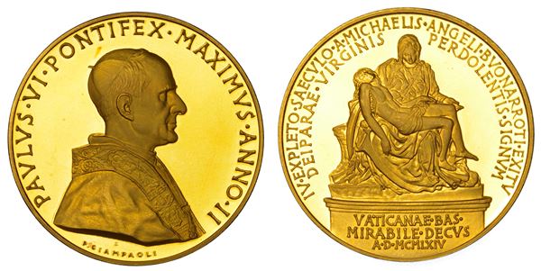 VATICANO. PAOLO VI (Giovanni Battista Montini), 1963-1978. Medaglia annuale in oro 1964/A. II. IV Centenario morte di Michelangelo.