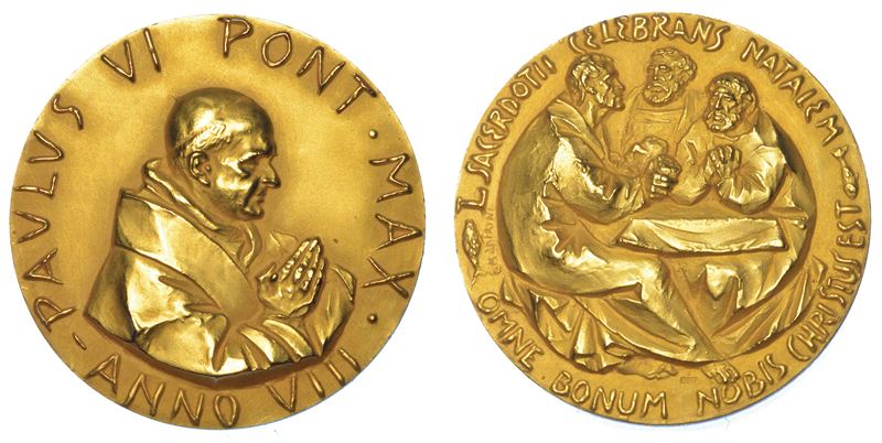 VATICANO. PAOLO VI (Giovanni Battista Montini), 1963-1978. Medaglia annuale in oro A. VIII. Cinquantesimo anno di sacerdozio del Papa.  - Auction Numismatics - Medals and popes - II - Cambi Casa d'Aste