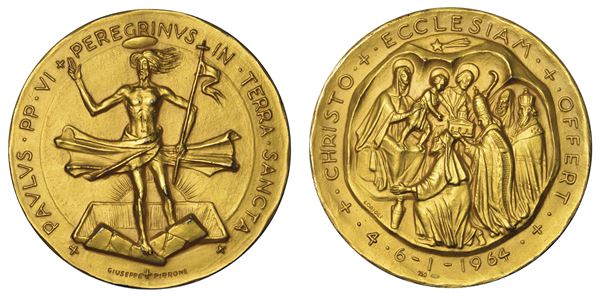 VATICANO. PAOLO VI (Giovanni Battista Montini), 1963-1978. Medaglia straordinaria in oro 1964. Pellegrinaggio del pontefice in Terrasanta.