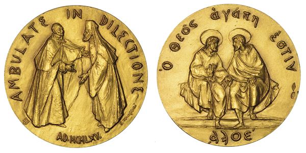 VATICANO. PAOLO VI (Giovanni Battista Montini), 1963-1978. Medaglia straordinaria in oro 1965. Dichiarazione congiunta di Paolo VI e Atenagora di cancellare la scomunica.