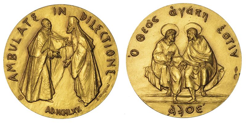 VATICANO. PAOLO VI (Giovanni Battista Montini), 1963-1978. Medaglia straordinaria in oro 1965. Dichiarazione congiunta di Paolo VI e Atenagora di cancellare la scomunica.  - Auction Numismatics - Medals and popes - II - Cambi Casa d'Aste