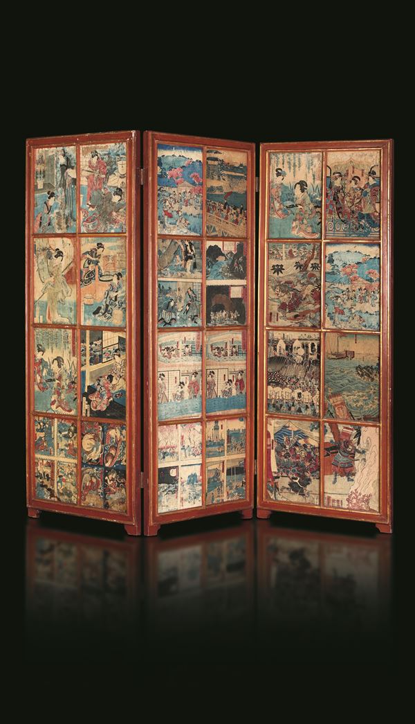 Three-panel partition with inserts of Japanese prints (reproductions) of different authors and eras, Japan, 19th century