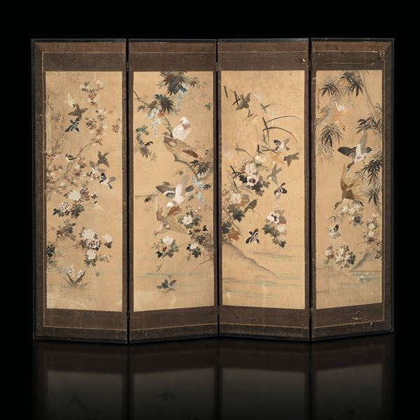 Four-panel wooden screen with silk embroidery on naturalistic subject, China, Qing Dynasty, late 18th century