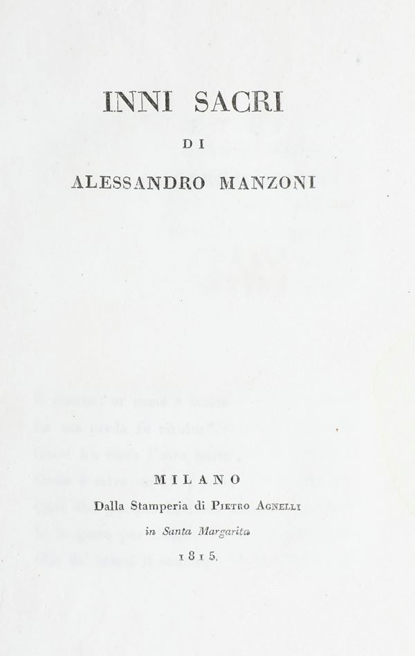 Manzoni Alessandro (1785-1873) Inni sacri... Milano dalla stamperia di Pietro Agnelli, 1815