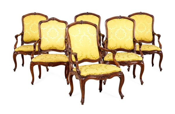 Gruppo di cinque poltrone Luigi XV. Genova, XVIII secolo