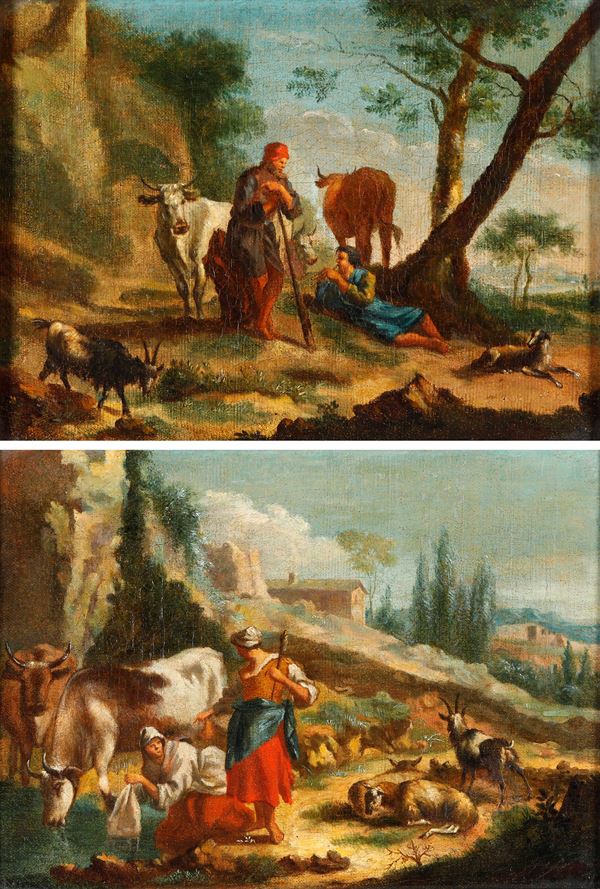 Scuola veneta del XVIII secolo Paesaggi con pastori e armenti