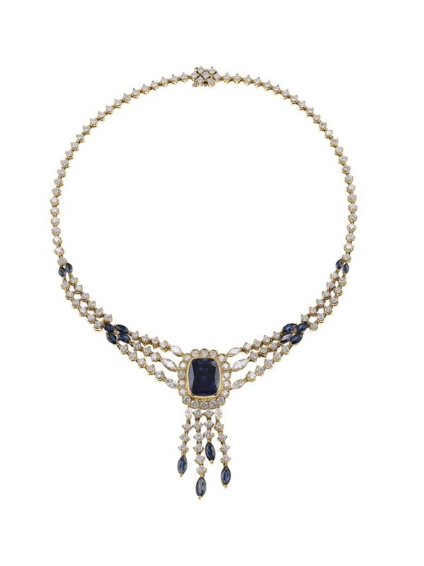 Diamond and sapphire neacklace. Signed Damiani