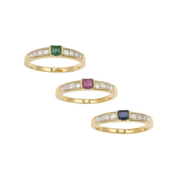 Three diamond, ruby, sapphire, emerald and gold rings
