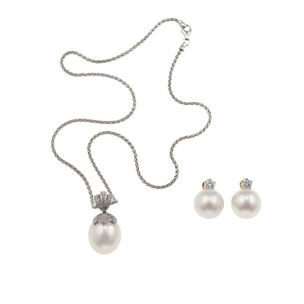 Cultured pearl and diamond demi-parure