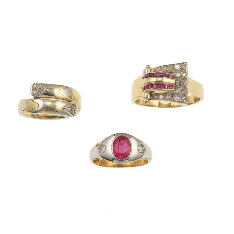 Three gold, diamond, ruby and synthetic ruby rings  - Auction Jewels - Cambi Casa d'Aste