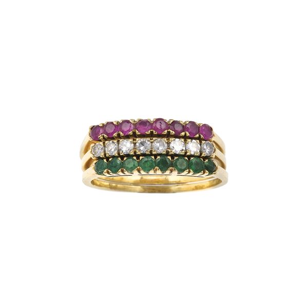Three gold, emerald, ruby and diamond rings
