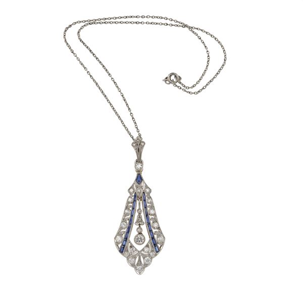 Diamond, synthetic sapphire, platinum and gold pendant necklcace