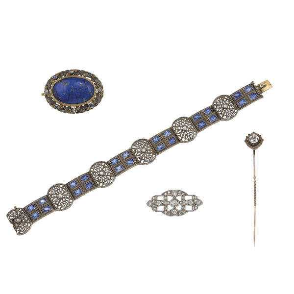 Group of synthetic gemstone, lapis lazuli, old-cut diamond, gold, low karat gold, silver and platinum jewellery
