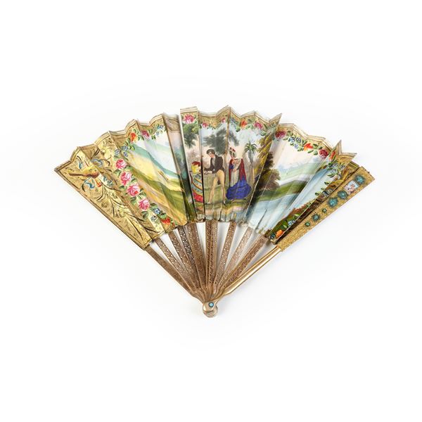 Ventaglio in carta dipinta con stecche in metallo dorato