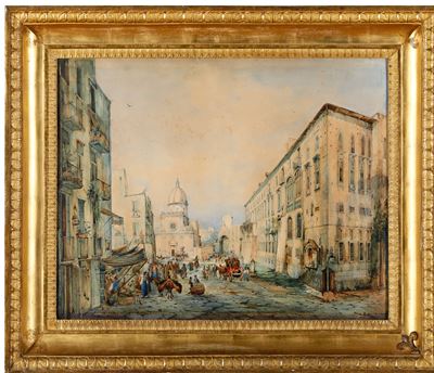 Veduta di Piazza della Vicaria a Napoli, acquerello e tempera rialzata su cartoncino