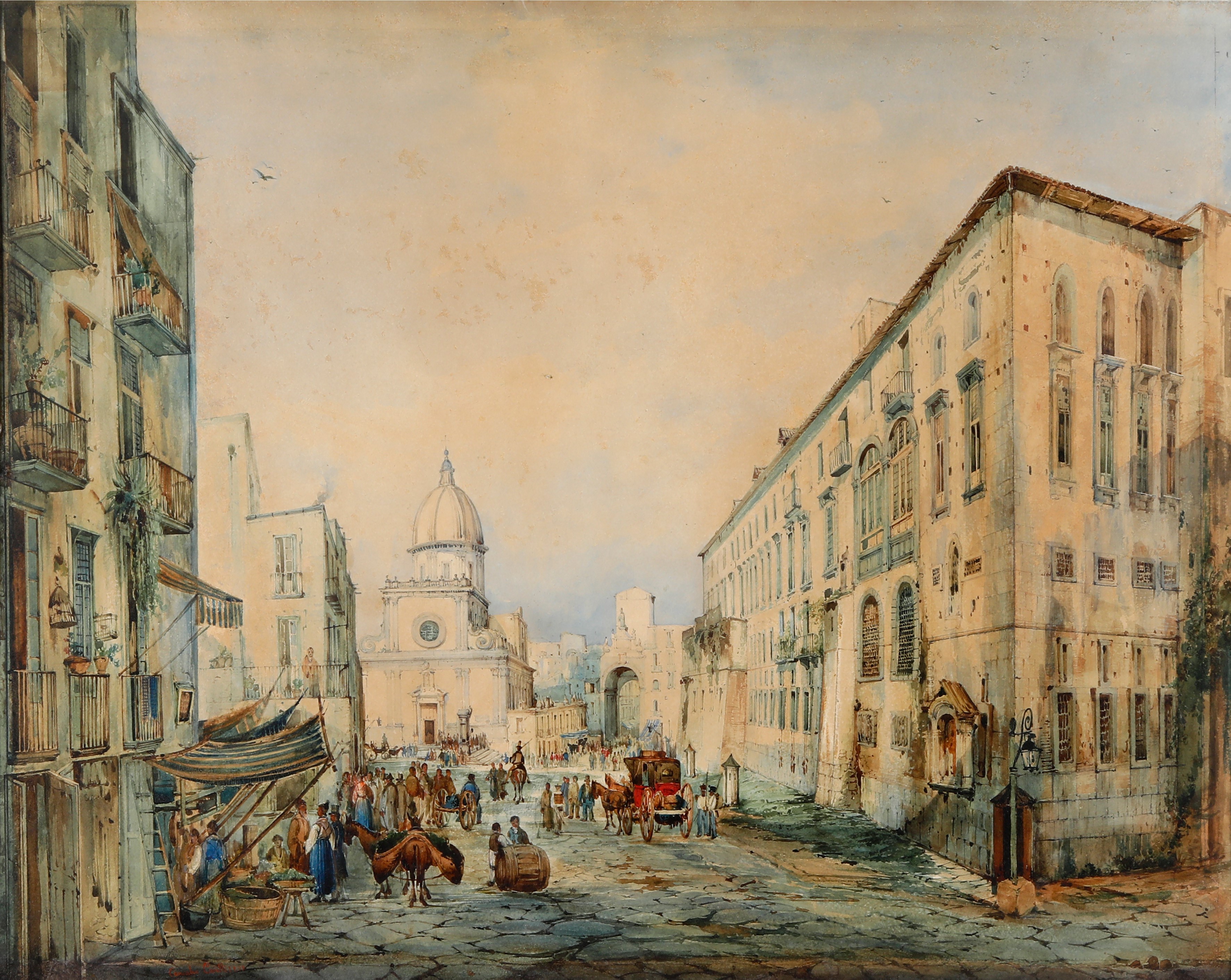 Consalvo Carelli - Veduta di Piazza della Vicaria a Napoli, acquerello e tempera rialzata su cart...