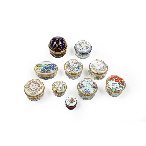 Lotto di 10 scatoline. Inghilterra, Halcyon Days Enamels, fine del XX secolo.