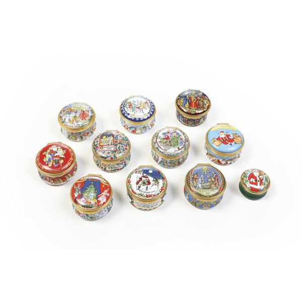 Lotto di 11 scatoline.<BR>Inghilterra, Halcyon Days Enamels, fine del XX secolo.